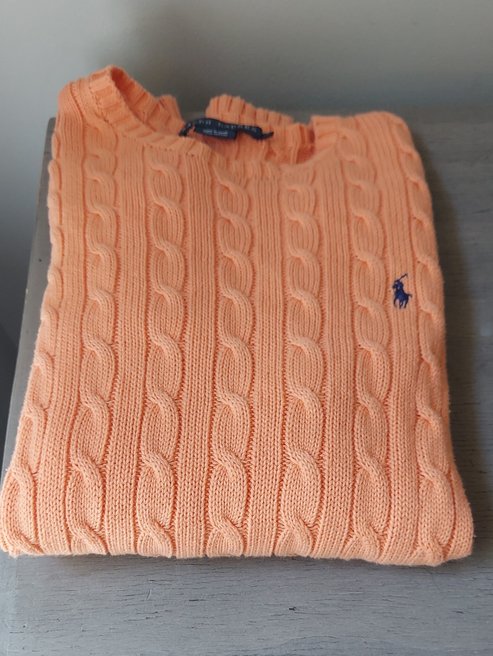 Ralph Lauren Orange Cable-Knit Crew Sweater with Navy Pony Sz. L - Picture 9 of 9
